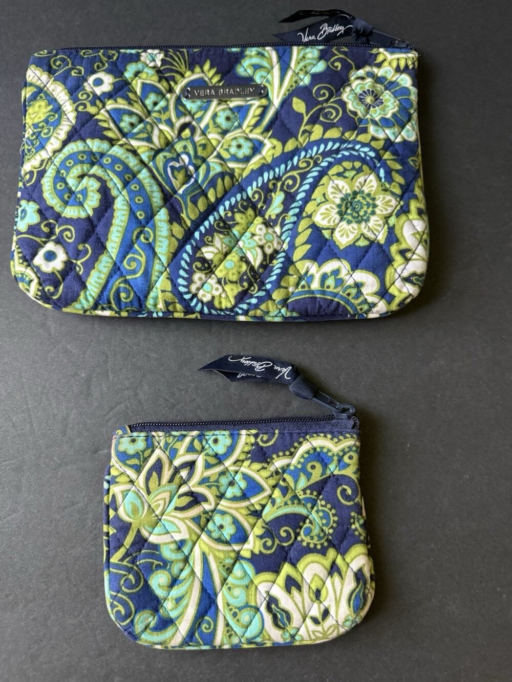 Vera Bradley Rhythm & Blues Green Blue Paisley Zipper Cosmetic Makeup Bag Set